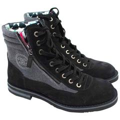 Chanel Men's Grey High Top Boots with Black Suede Trims