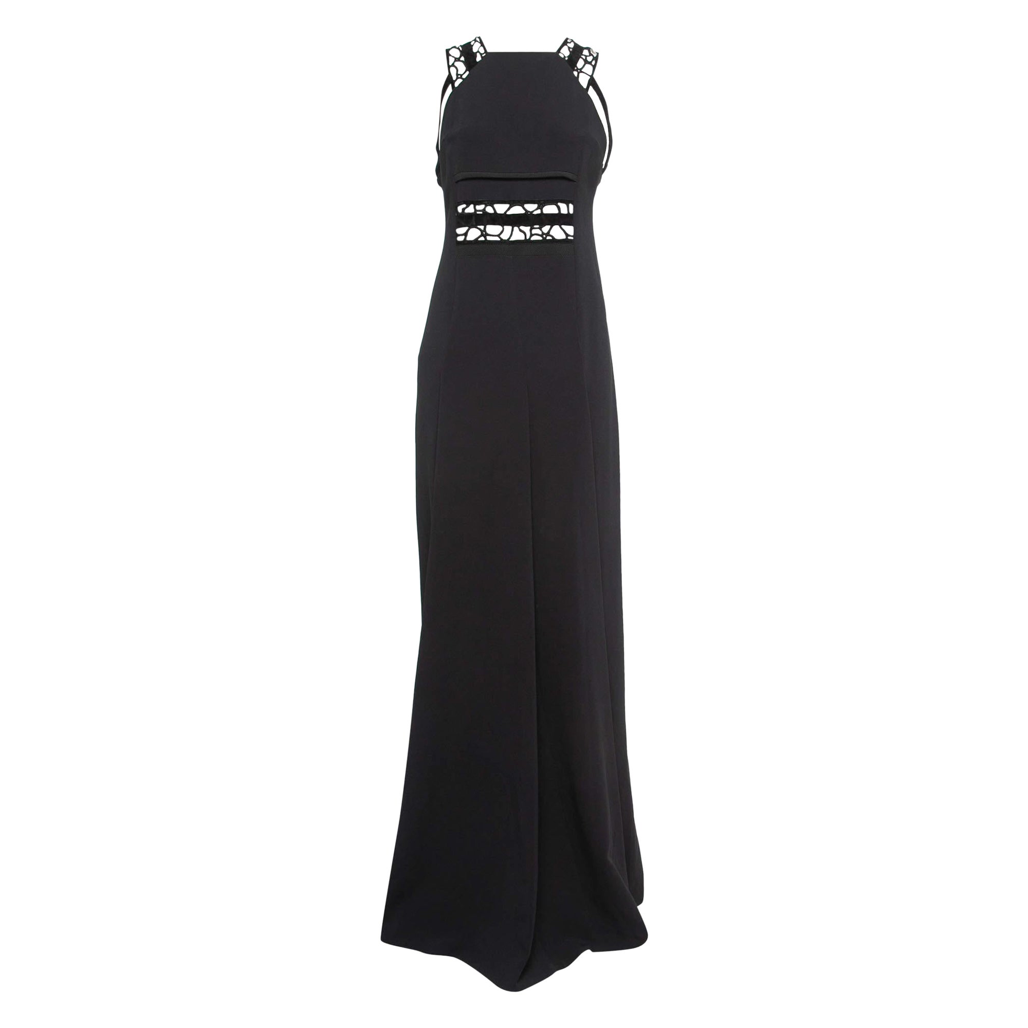 Roland Mouret Black Stretch Crepe Embroidered Lace Trim Gown M For Sale