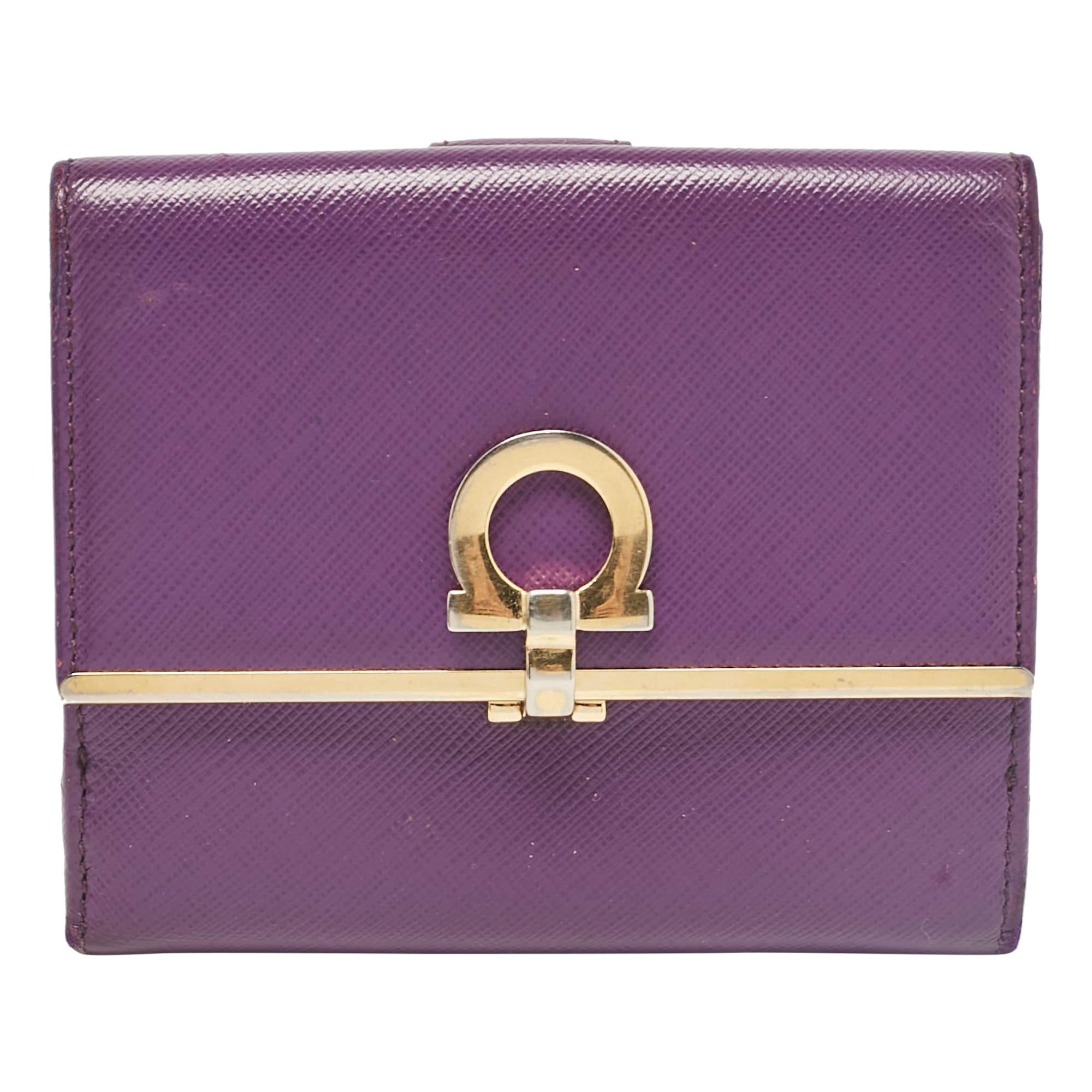 Salvatore Ferragamo Purple Leather Gancio Clasp French Wallet For Sale