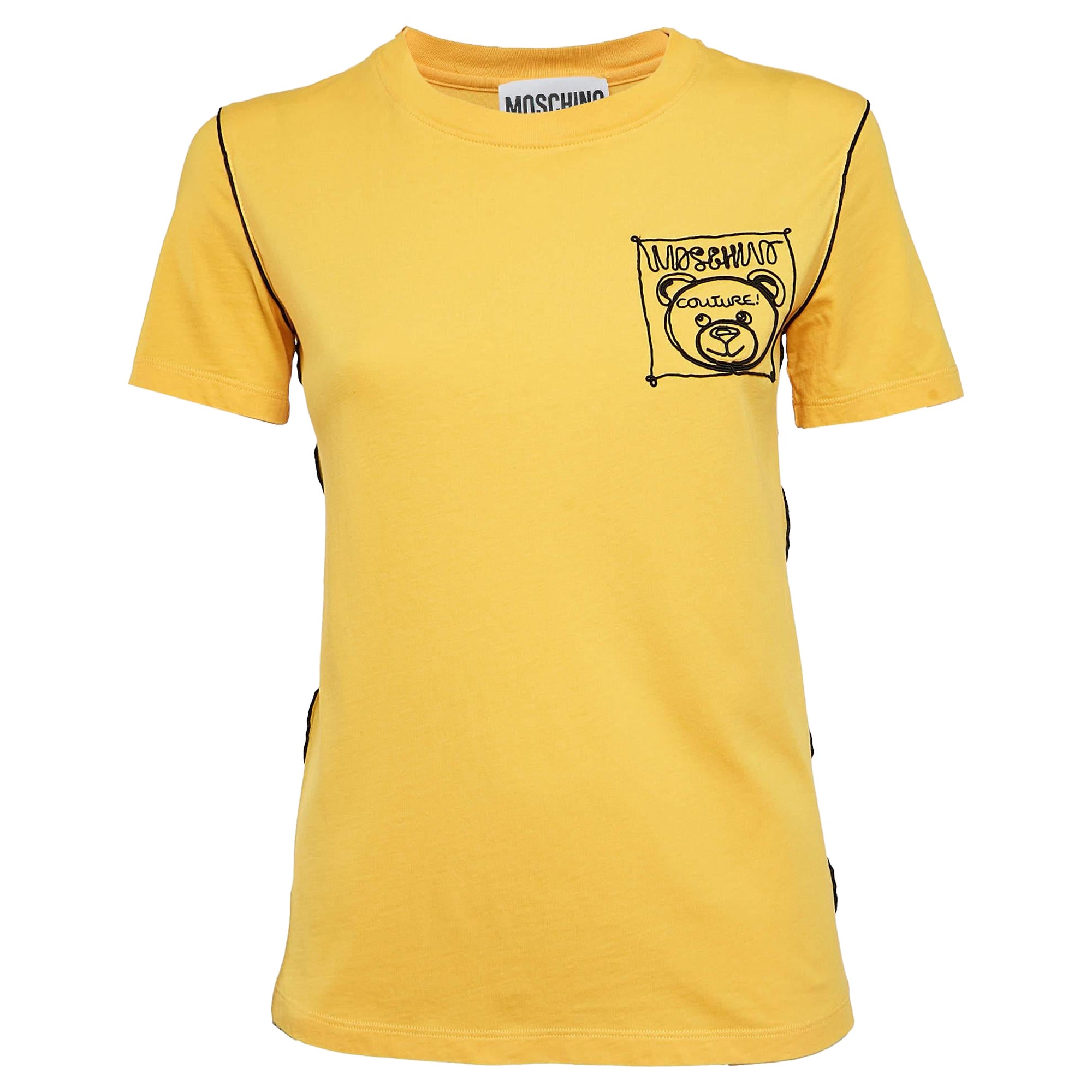 Moschino Couture Yellow Cotton Embroidered Crew Neck T-Shirt XS
