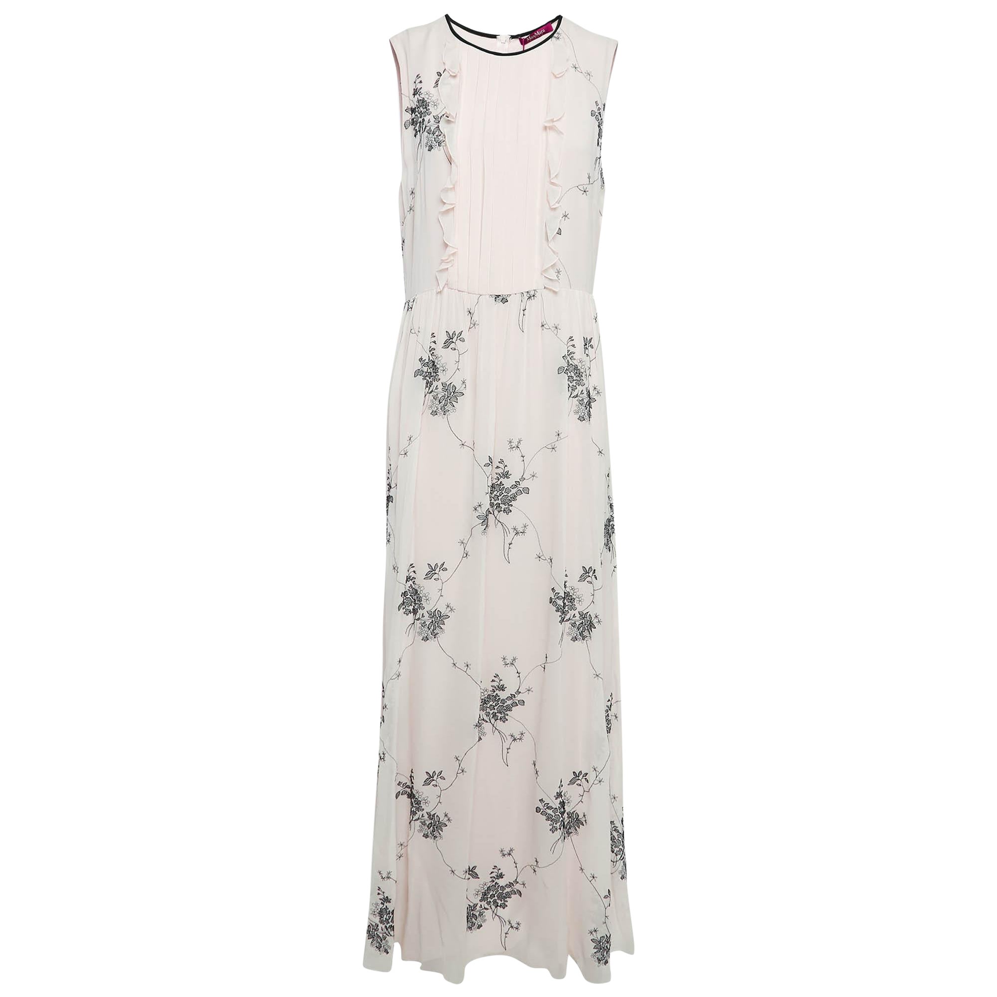 Max Mara Pink Embroidered Silk Sleeveless Maxi Dress L For Sale