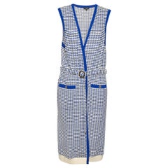 Chanel Blue/White Wavy Knit Sleeveless Belted Long Cardigan XL