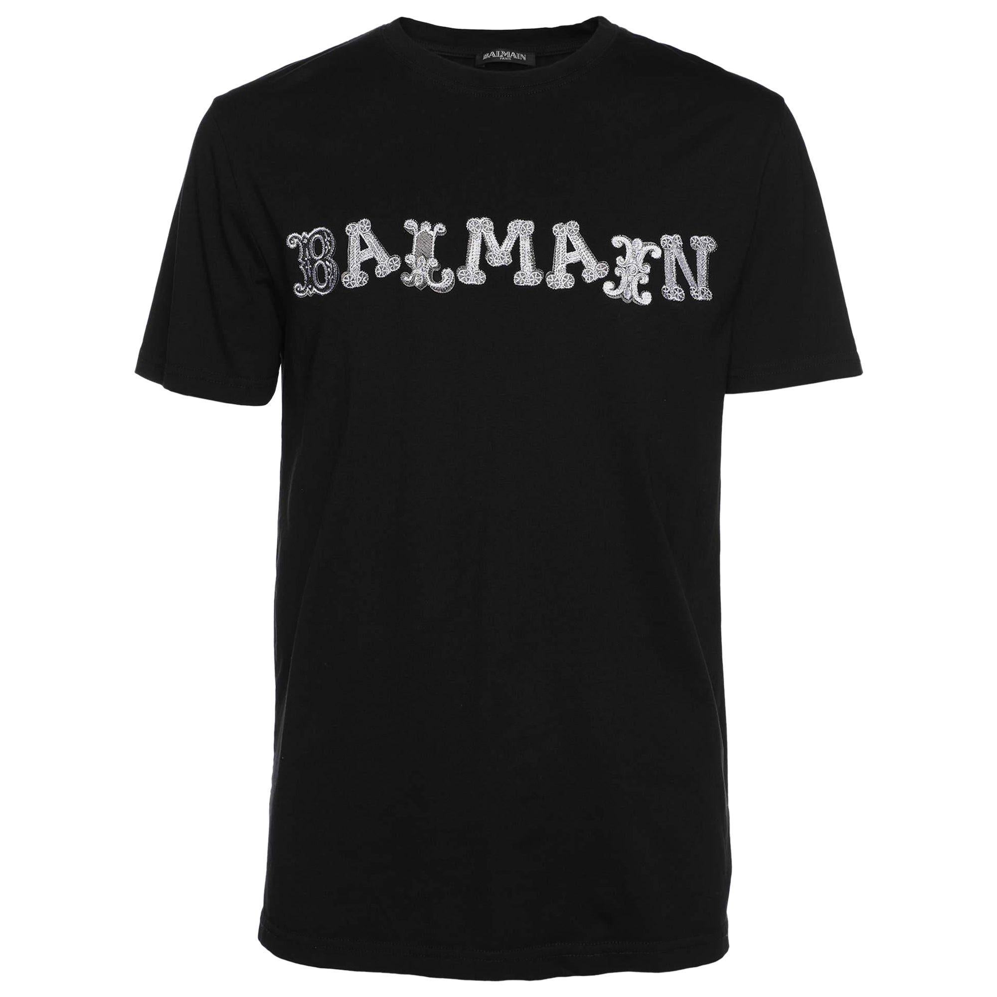 Balmain - Maglietta in cotone nero con stampa logo M. T. I.