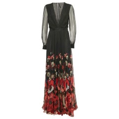 Gucci Black Floral Print Silk Plunging Neck Flared Gown M