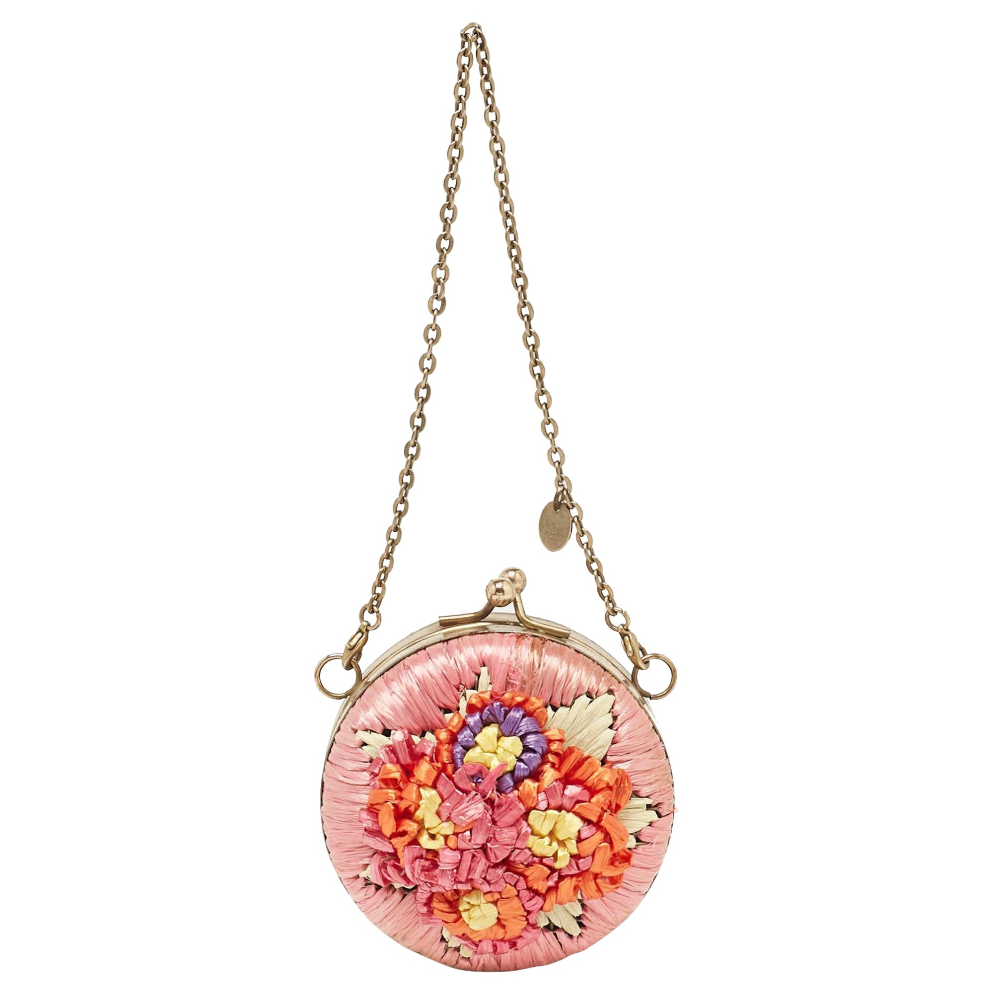 RED Valentino Multicolor Straw and Leather Daisy Round Chain Purse For Sale