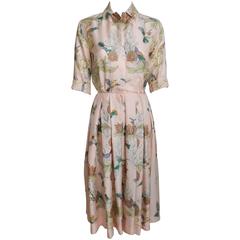 Vintage 1950's Pink Silk California Shirt Dress with Birds