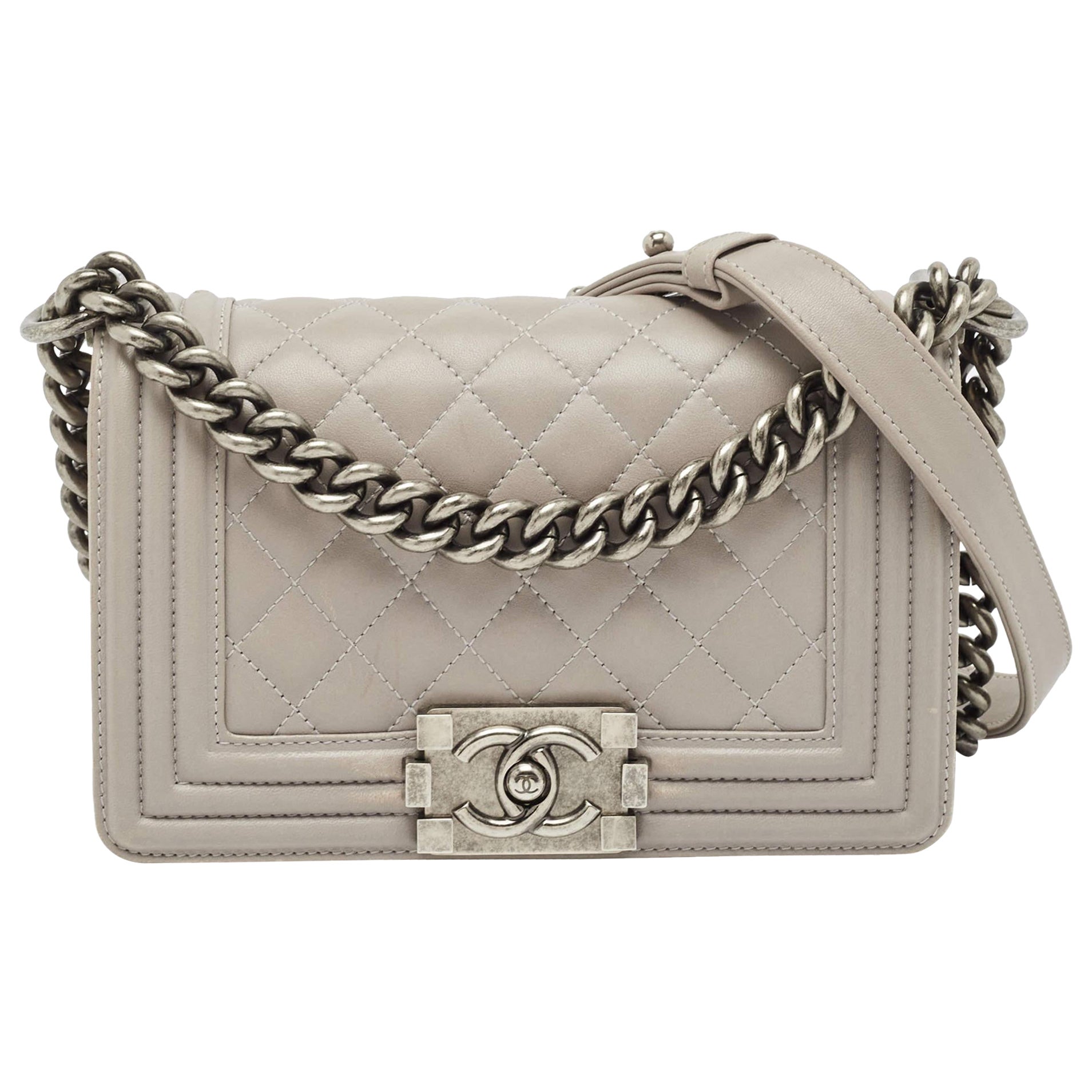 Chanel Grey Quilted Leather Small Boy Flap Bag For Sale