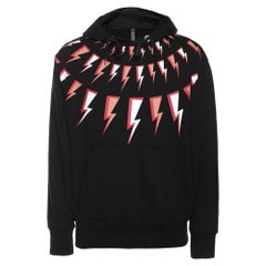Neil Barrett - Felpa con cappuccio in maglia di cotone nera con stampa fulmini S
