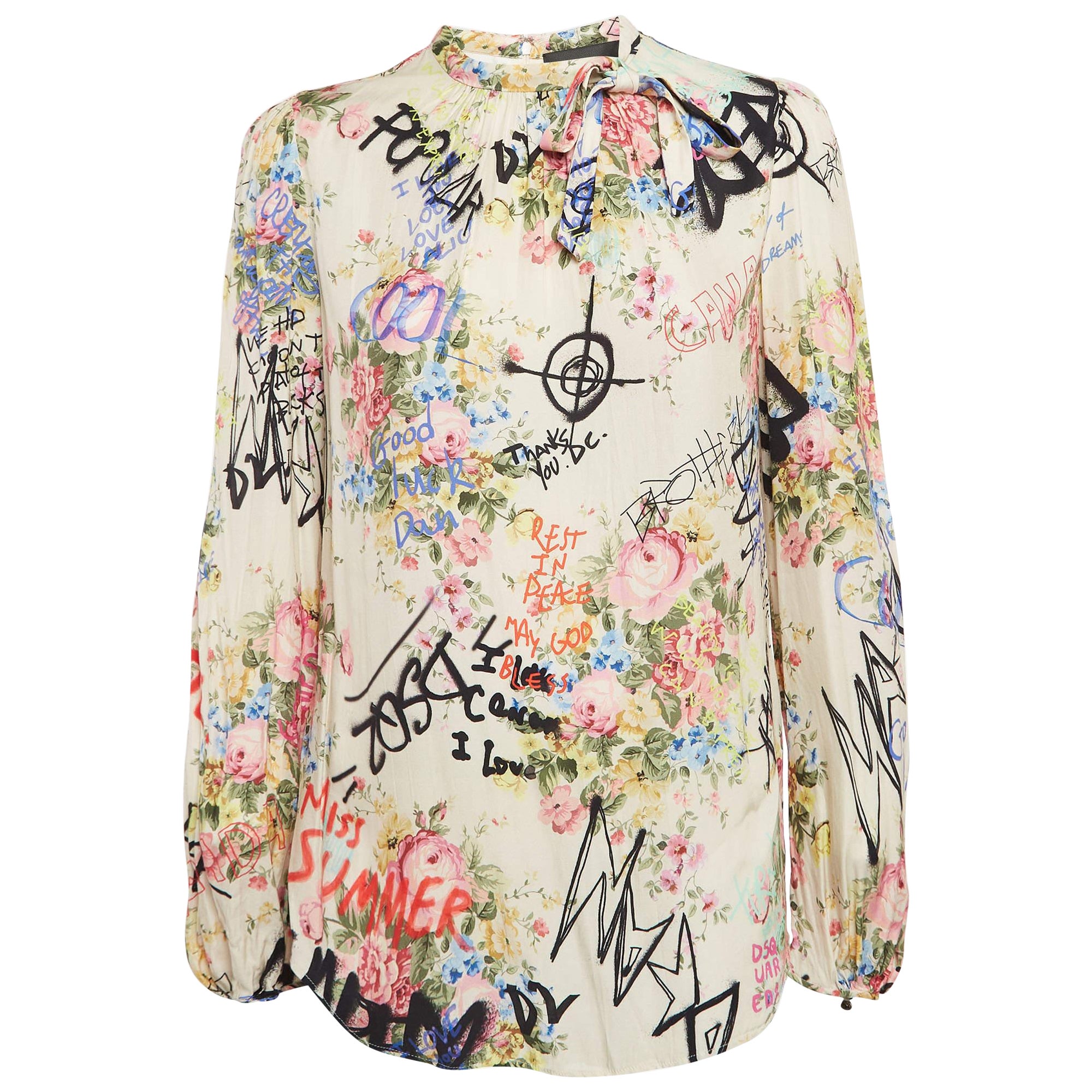 Dsquared2 Off-White Graffiti and Floral Print Tie-Up Detail Top M For Sale