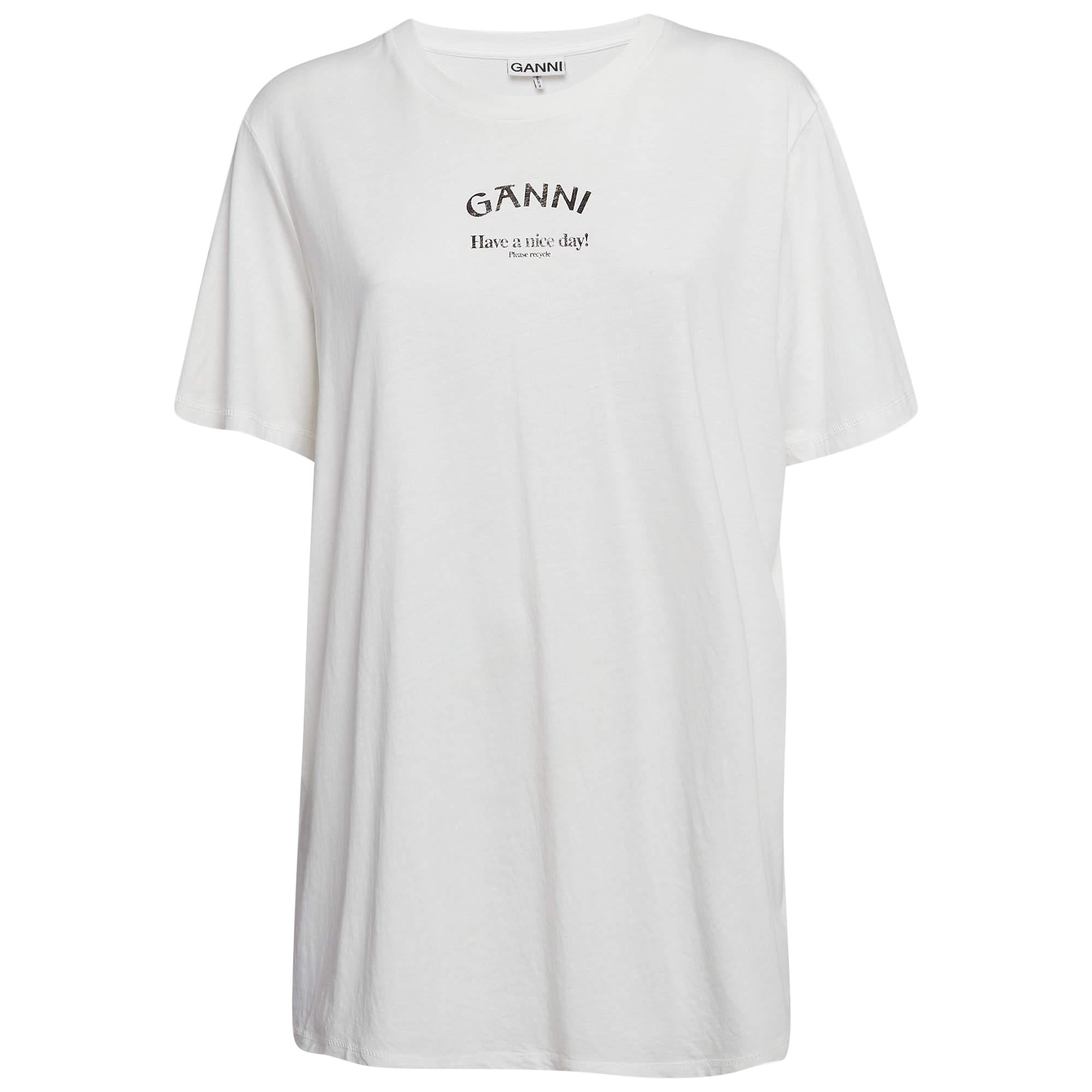 Ganni Weißes bedrucktes Baumwollstrick-T-Shirt mit Rundhalsausschnitt XL im Angebot