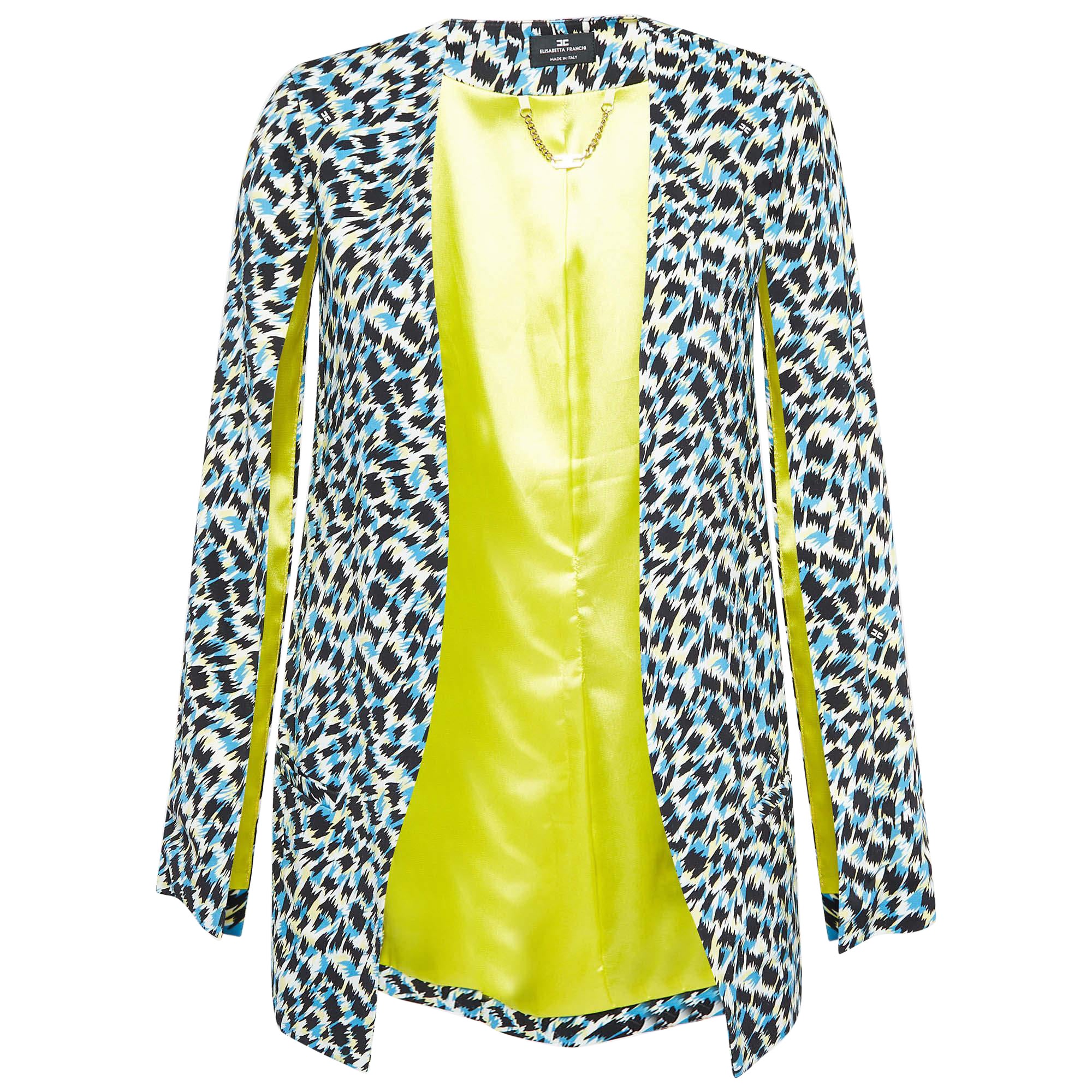 Elisabetta Franchi Blau bedruckte Jersey-Jacke mit Kapuzenärmeln und offener Vorderseite S im Angebot