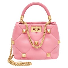Valentino Pink Quilted Leather Small Roman Stud Top Handle Bag