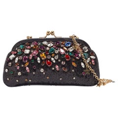 Dolce Gabbana Schwarze/graue Leder-Clutch mit Pailletten und Kristallen und Rahmenkette