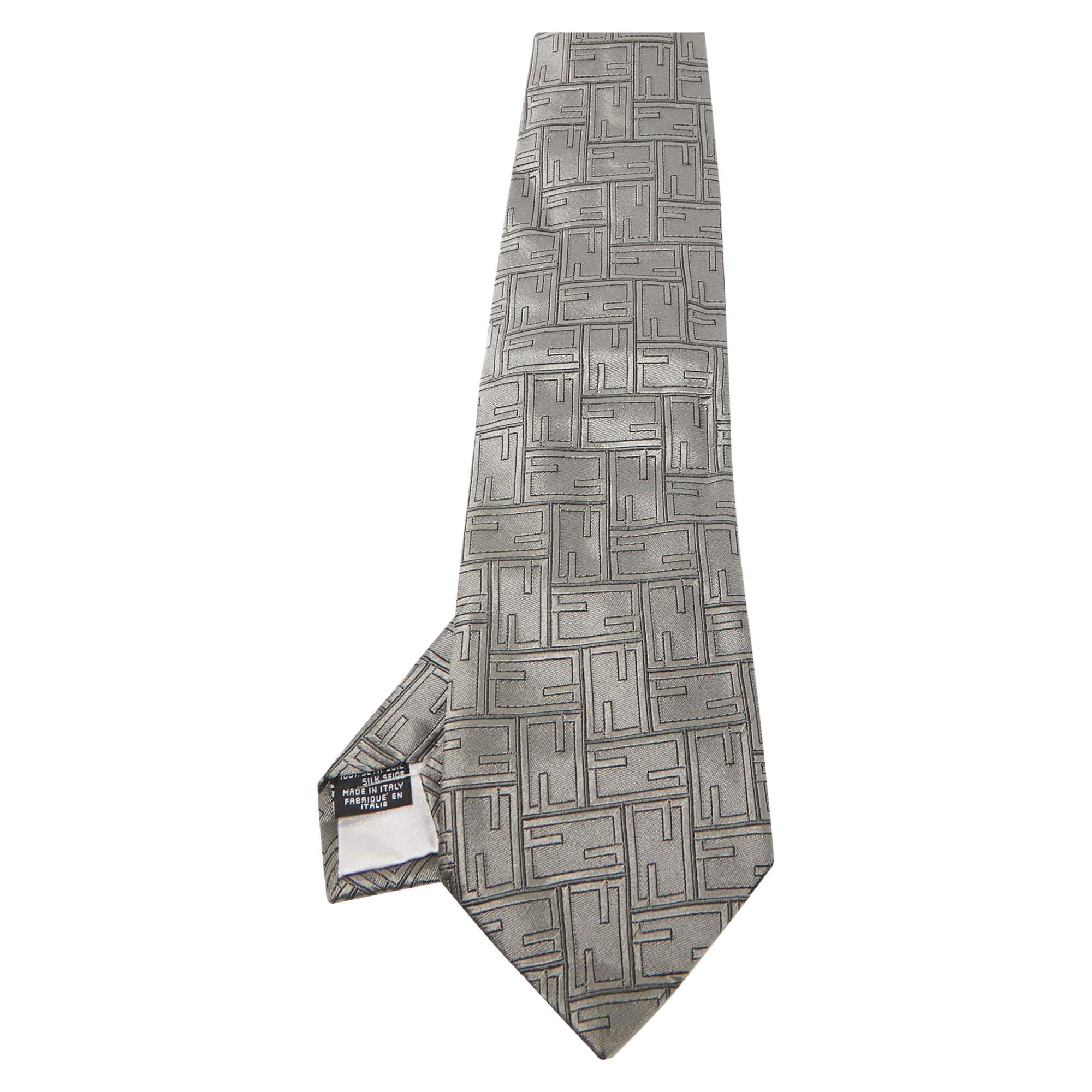 Fendi Grey Zucca Jacquard Silk Traditional Tie For Sale