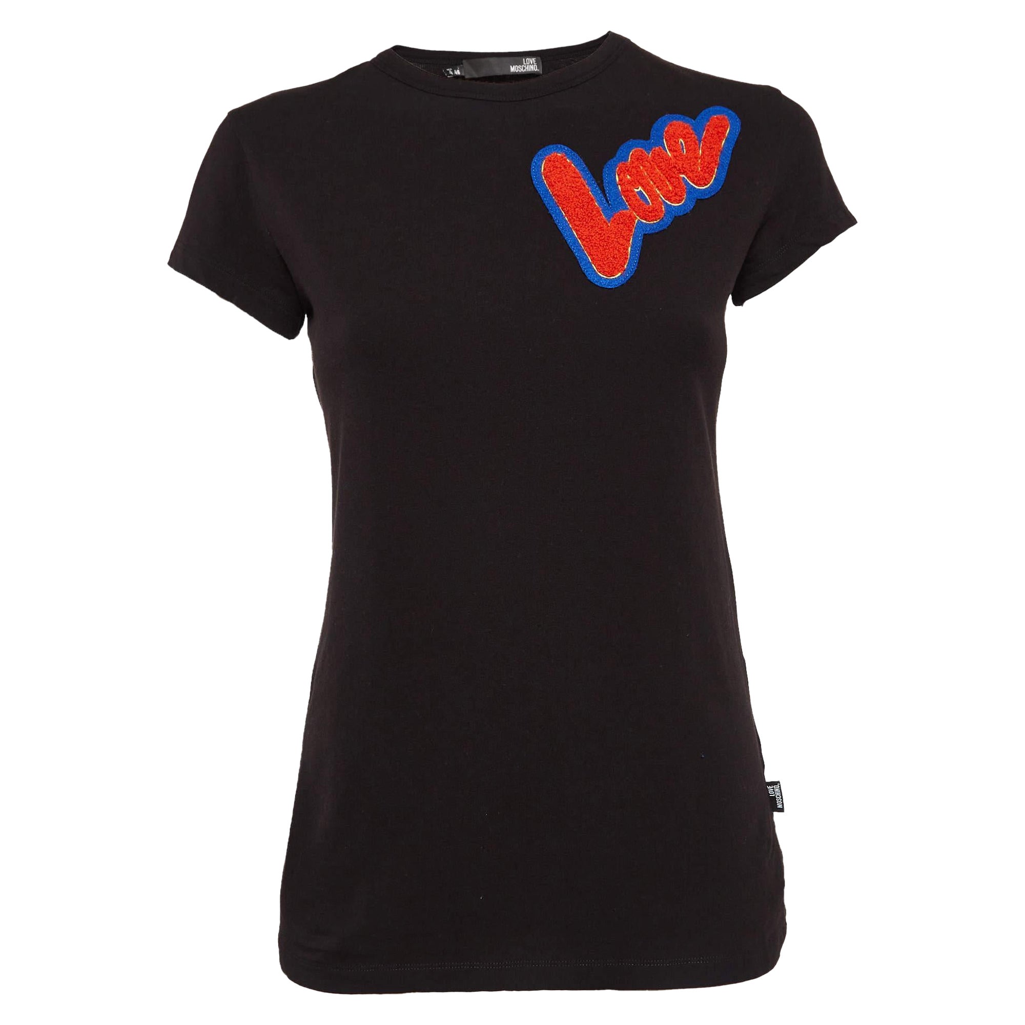 Love Moschino - Maglietta Love Moschino in maglia di cotone nera con dettaglio patch T S