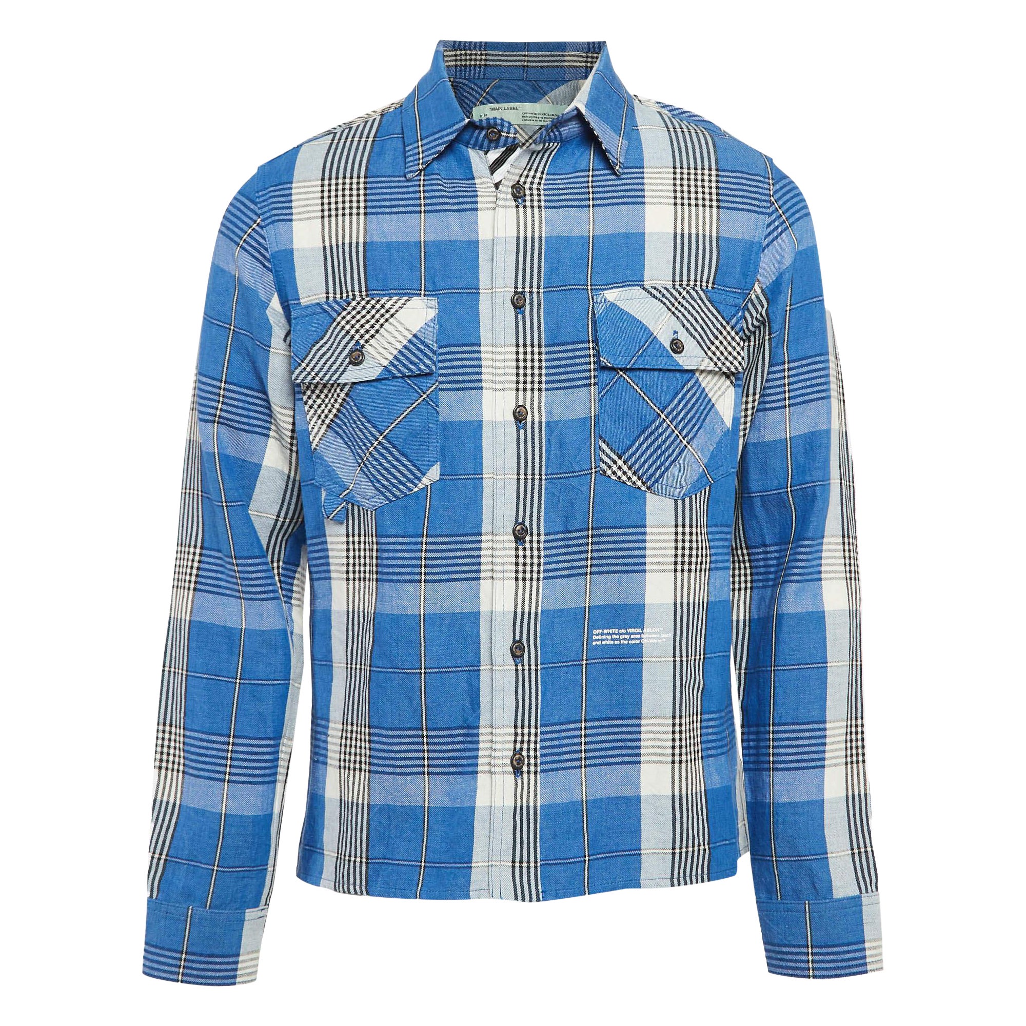 Off-White Blue Tartan Check Linen Blend Long Sleeve Shirt XS For Sale