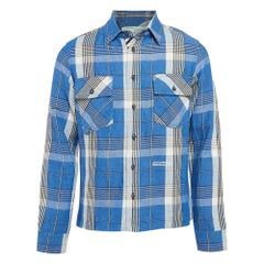 Off-White - Camicia a maniche lunghe in misto lino a quadri tartan blu XS