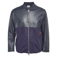 Armani Collezioni Blue Perforate Leather and Cotton Zip-Up Jacket XL