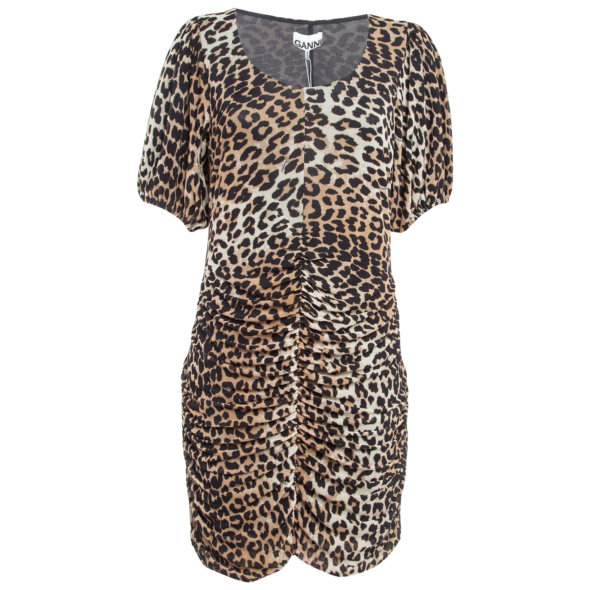 Ganni Brown Brown Leopard Print Jersey Mesh Ruched Mini Dress L in vendita