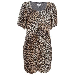 Ganni Brown Brown Leopard Print Jersey Mesh Ruched Mini Dress L