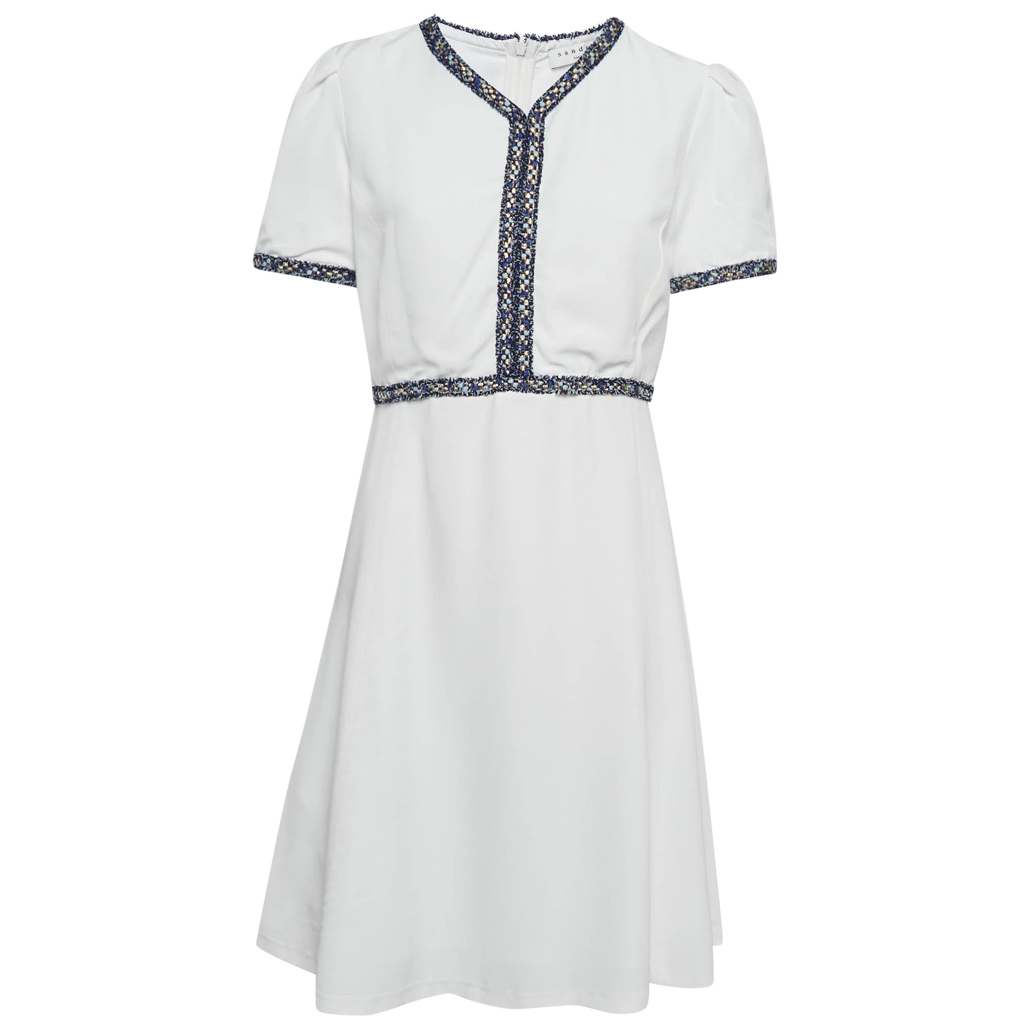 Sandro White Textured Crepe Trim Detail Mini Dress L For Sale