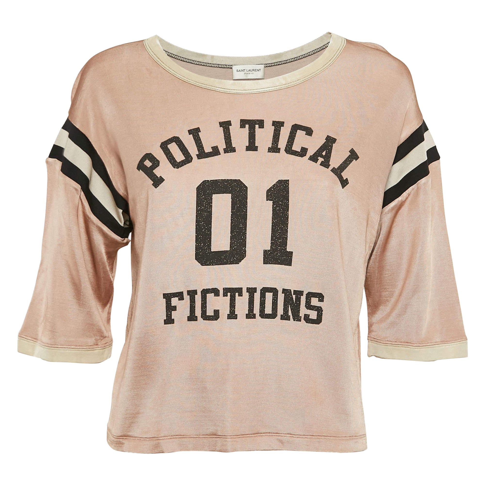 Saint Laurent Pink Varsity Print Jersey Crop T-Shirt L For Sale