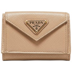Prada Beige Saffiano Leather Trifold Case Wallet