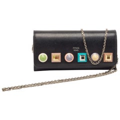 Fendi Black Leather Rainbow Stud Flap Wallet on Chain