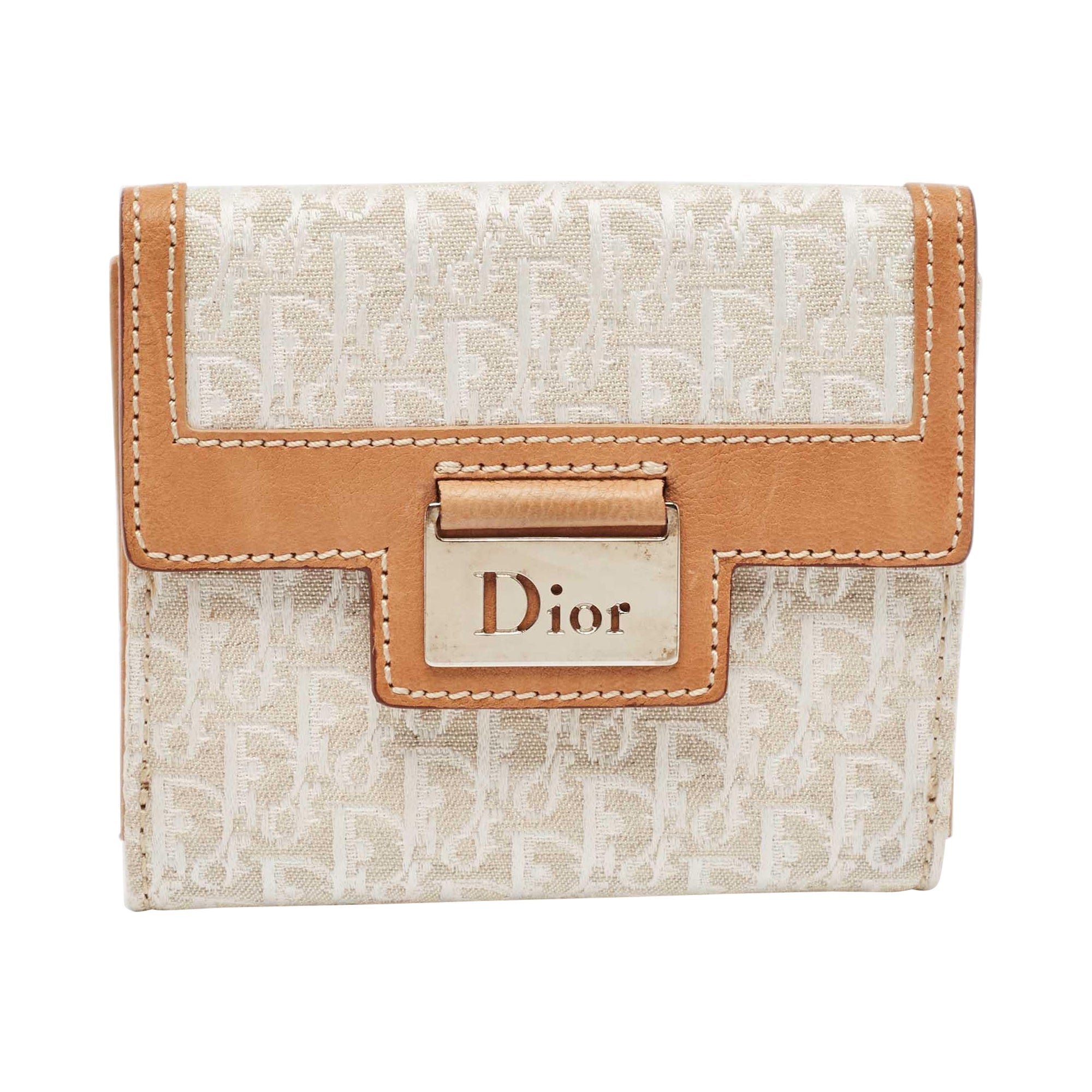 Dior White/Brown Oblique Canvas and Leather Street Chic Compact Wallet For Sale