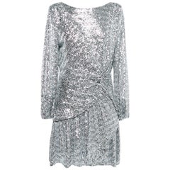 Maje Silver Sequin Crepe Ruched Full Sleeves Mini Dress XL