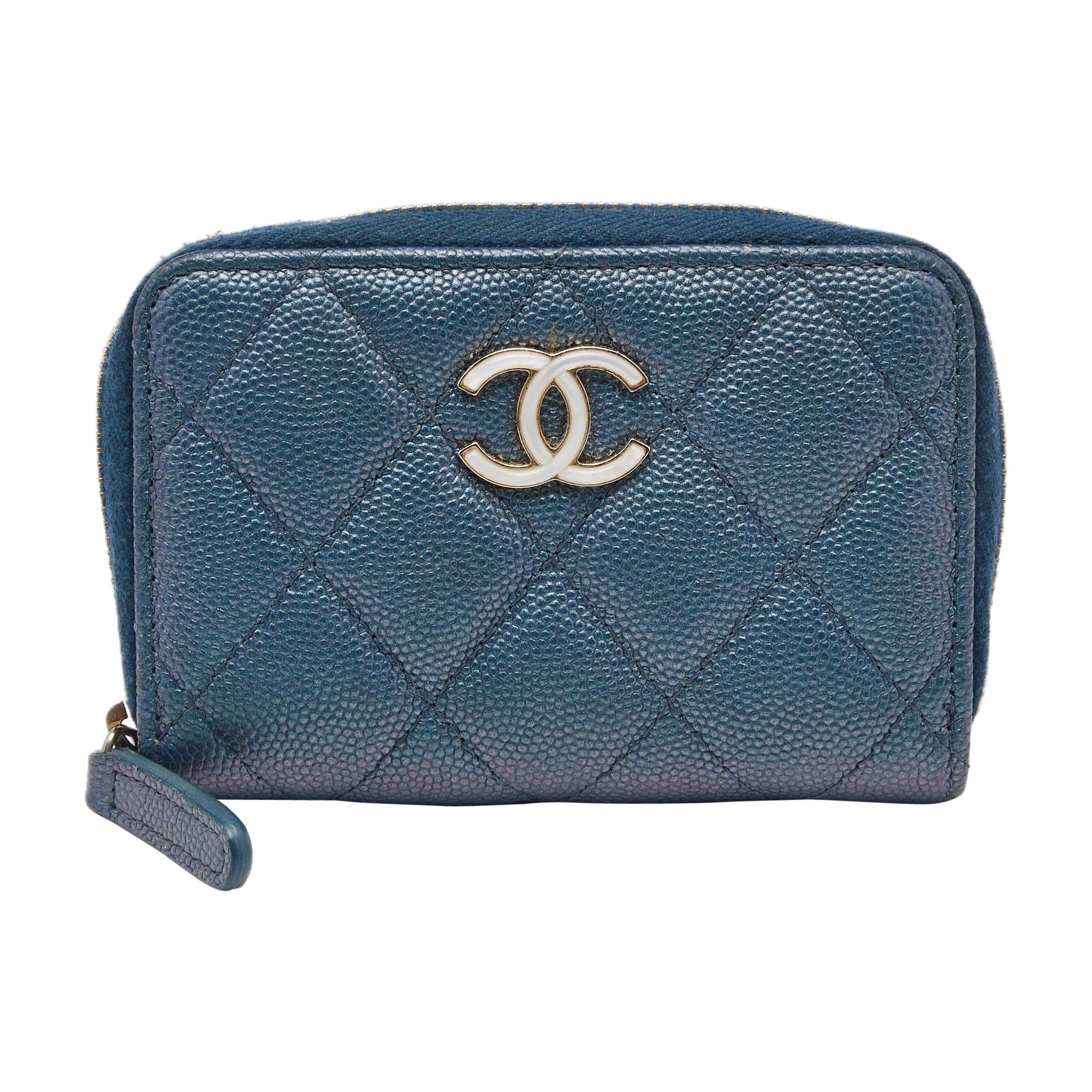 Chanel Blue Quilted Shimmer Caviar Leather Classic Zipped Coin Purse For Sale