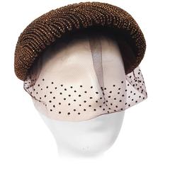 40s/50s I. Magnin Brown Hand Beaded Hat with Decorated Veil