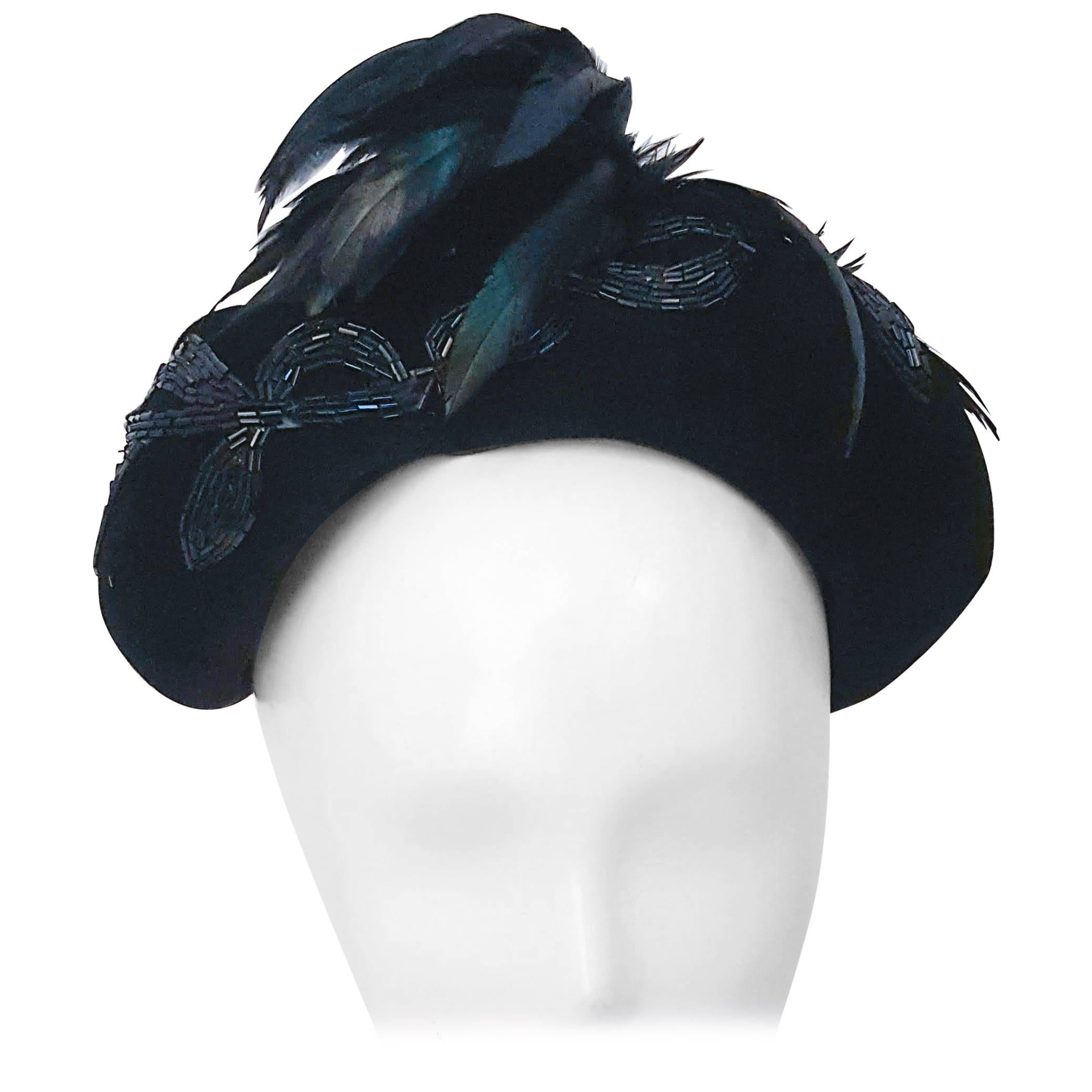 40s Beaded Velvet Hat For Sale