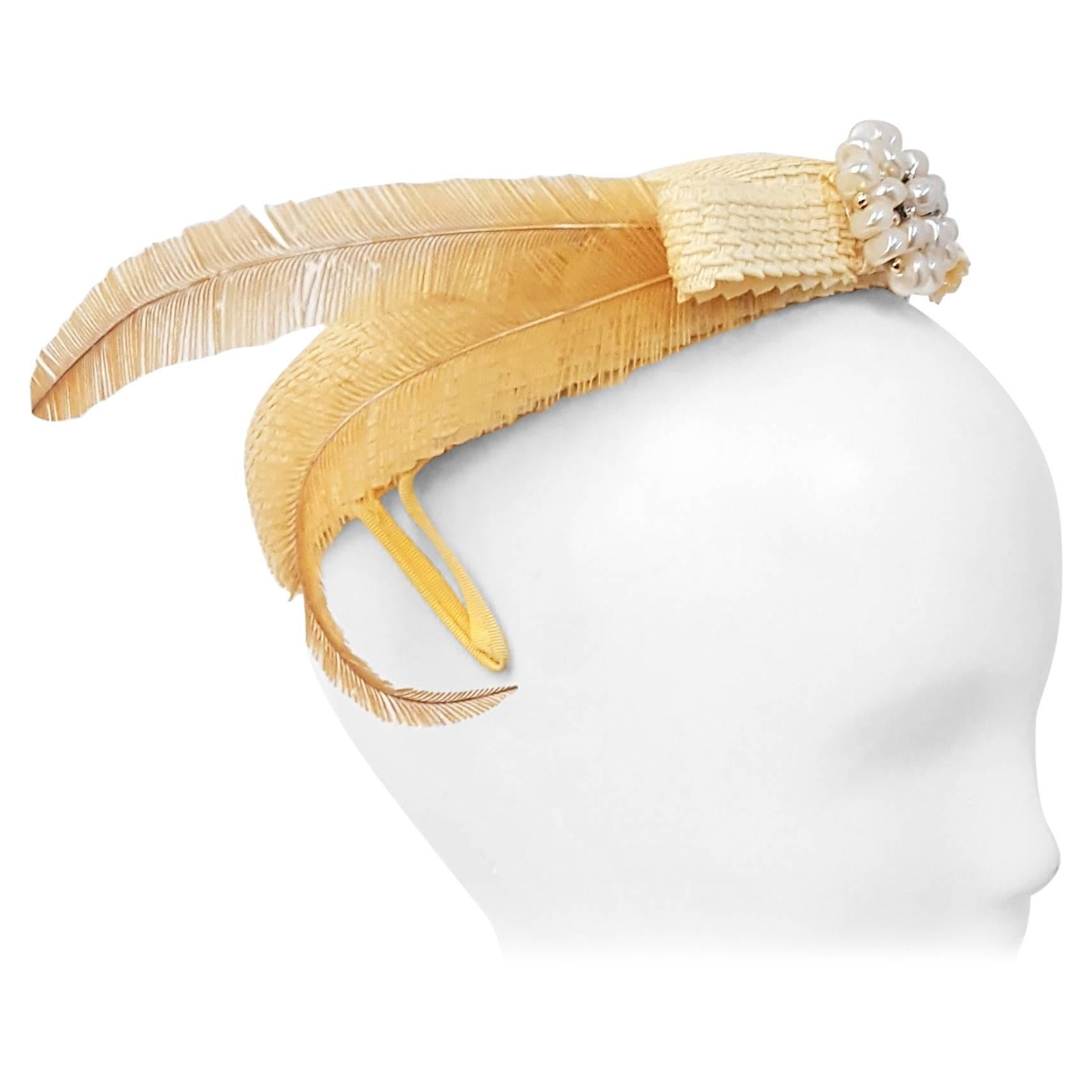 50s Sunshine Yellow Straw Feathered Hat