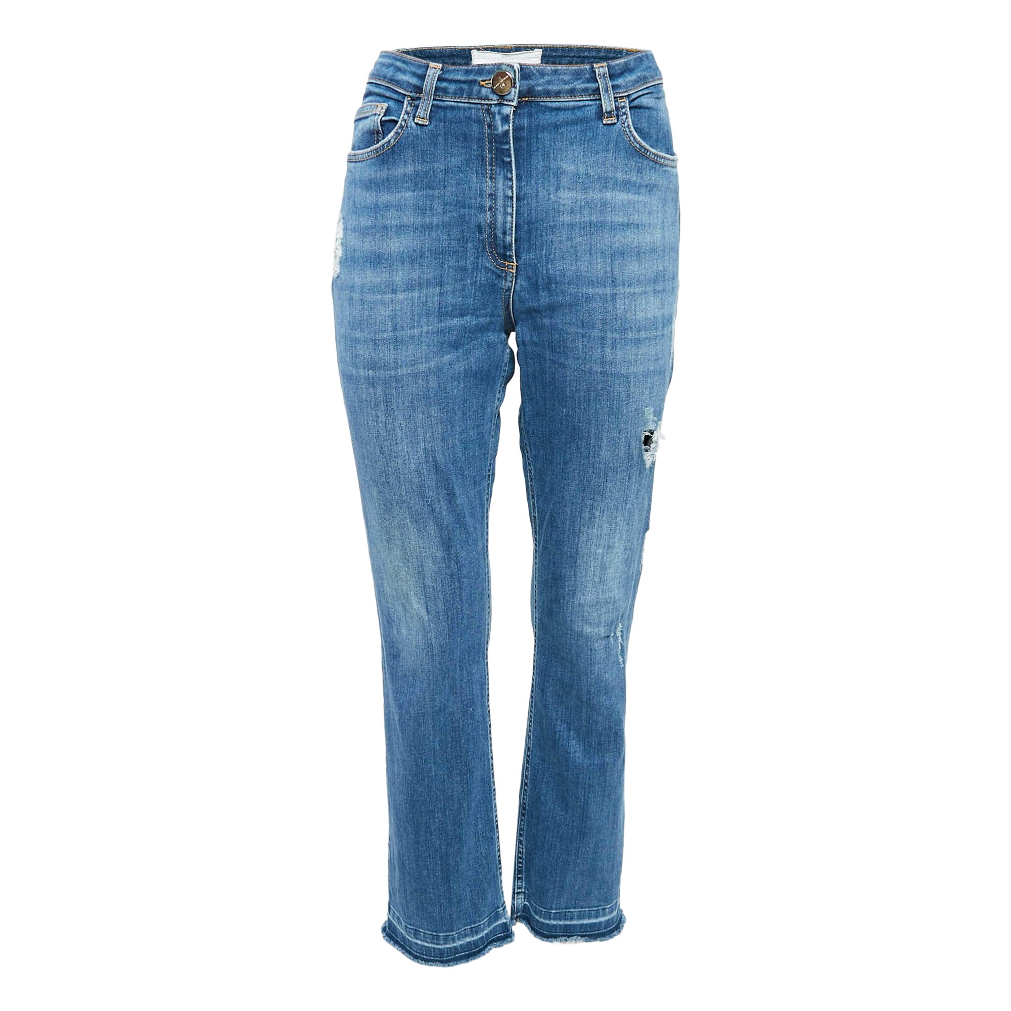 Elisabetta Franchi Blue Ripped Denim Straight-Leg Jeans L Waist 31" For Sale