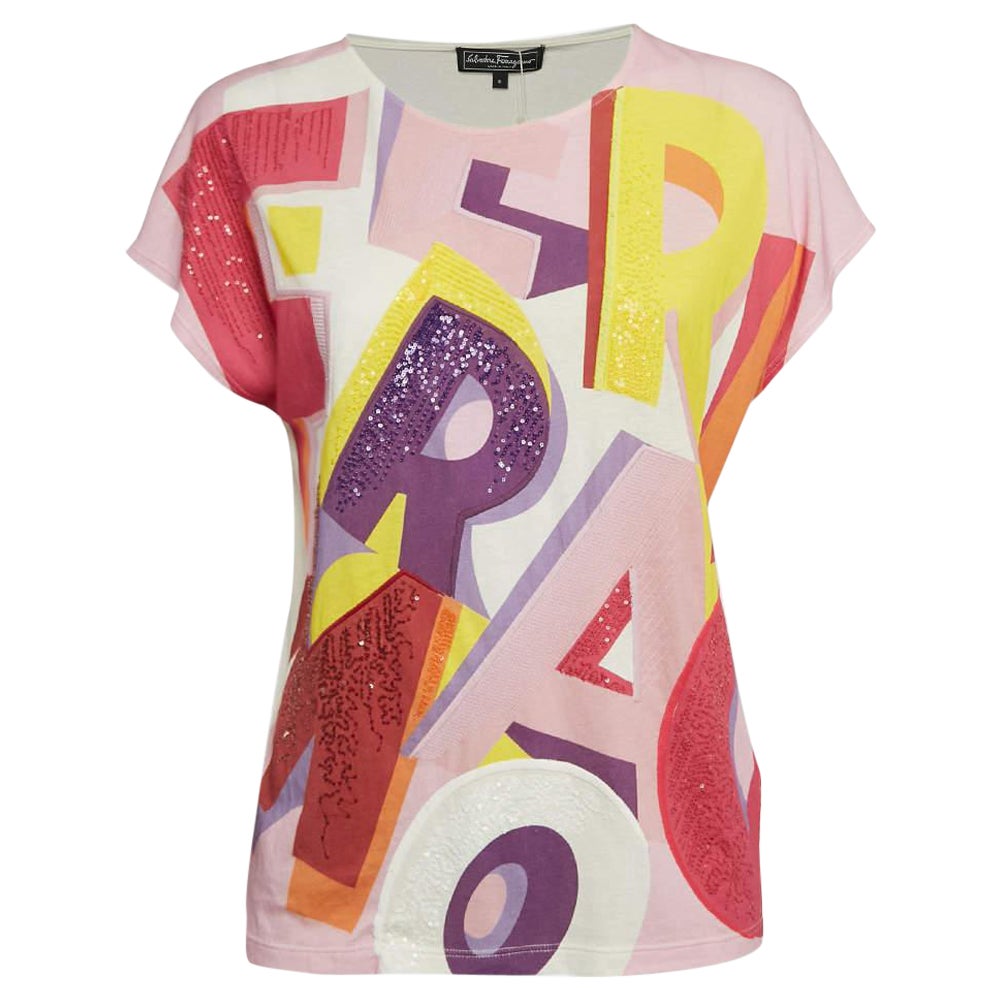 Salvatore Ferragamo Rosa bedrucktes Jersey-T-Shirt mit Paillettendetails S
