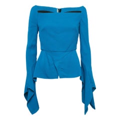 Roland Mouret Blue Textured Crepe Flared Blouse M