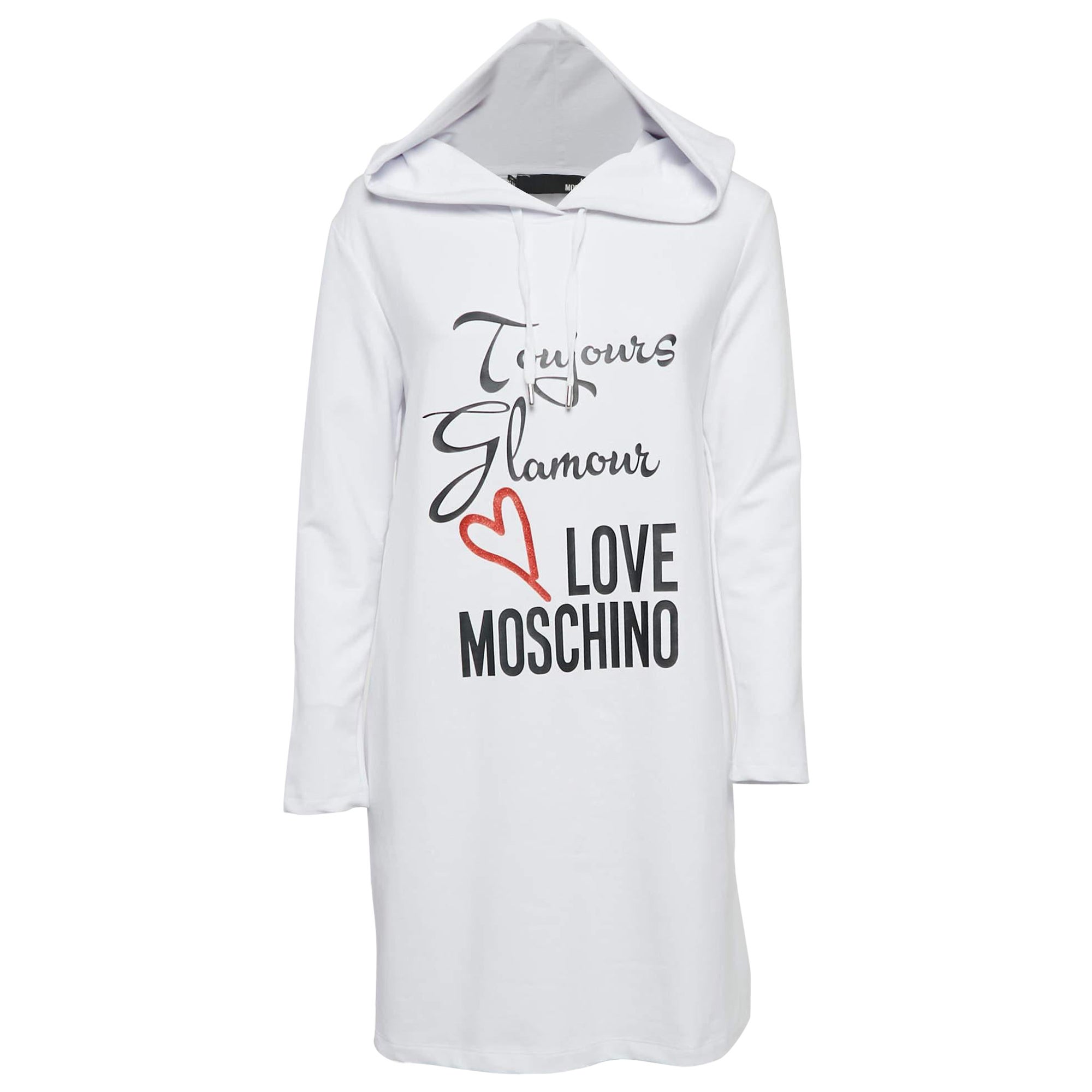 Love Moschino Robe à capuche en coton imprimé blanc S