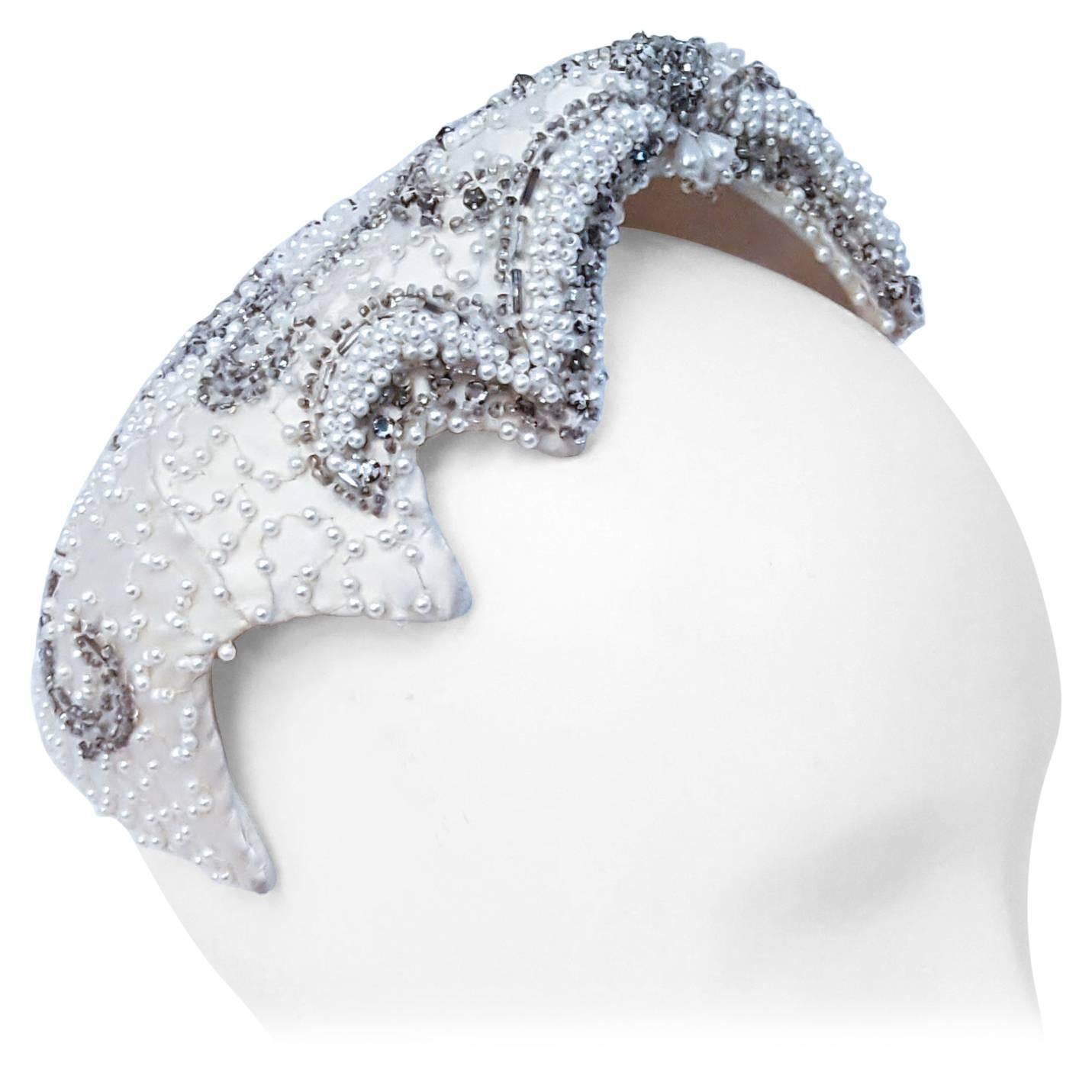 50s Beaded White Satin Hat