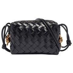 Bottega Veneta Black Glossy Intrecciato Leather Mini Loop Camera Bag