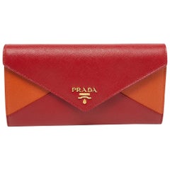 Prada Red/Orange Saffiano Leather Envelope Flap Continental Wallet