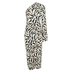 Nanushka Cream Floral Animal Print Crepe One-Shoulder Midi Wrap Dress XS