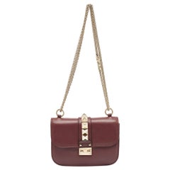 Valentino Burgundy Leather Small Rockstud Glam Lock Flap Bag