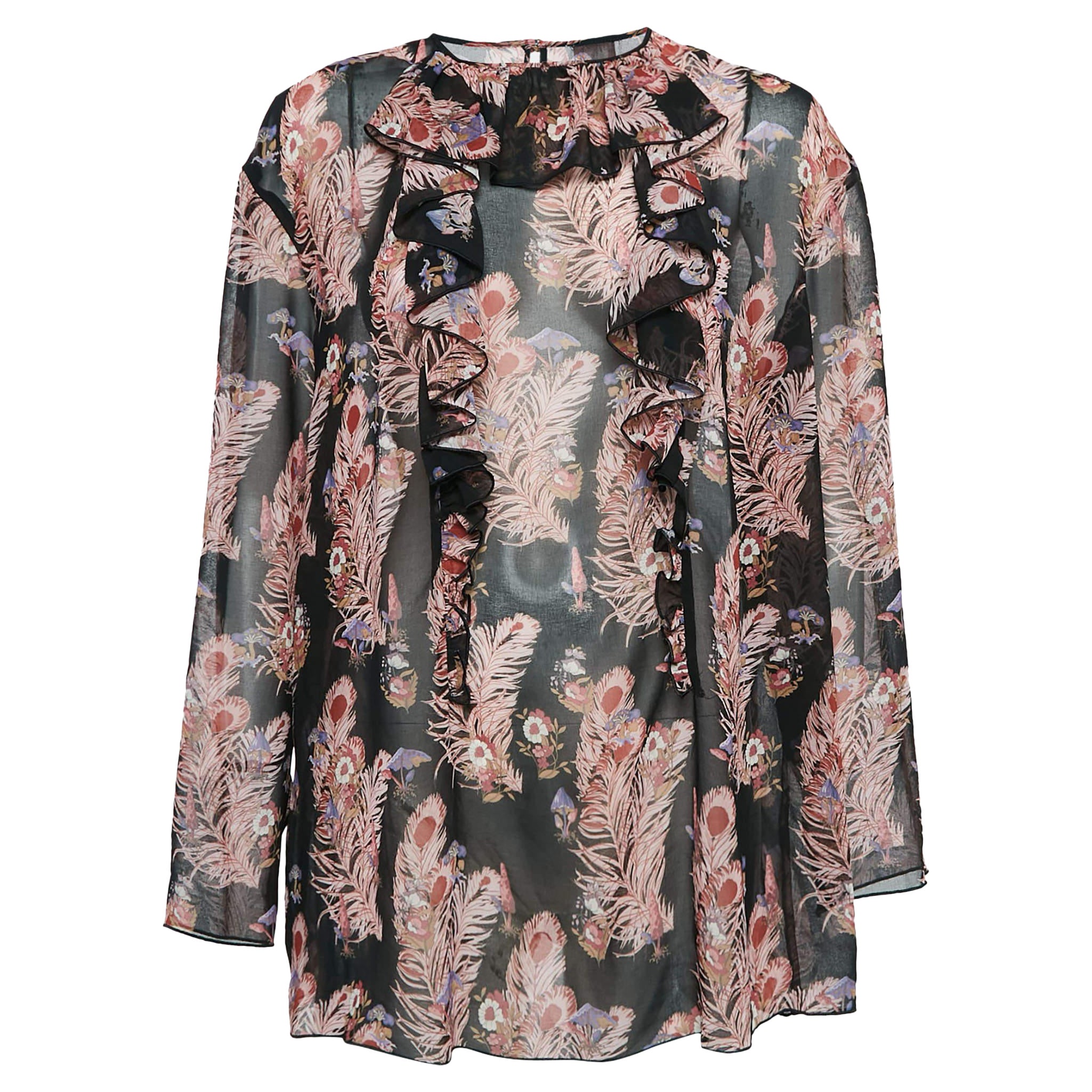 Giamba Camicetta nera con stampa floreale e piume in chiffon con volant L