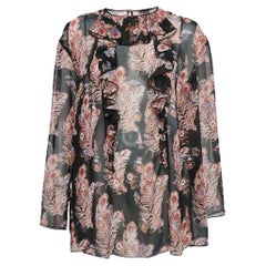 Giamba Black Feather-Floral Print Chiffon Ruffled Blouse L