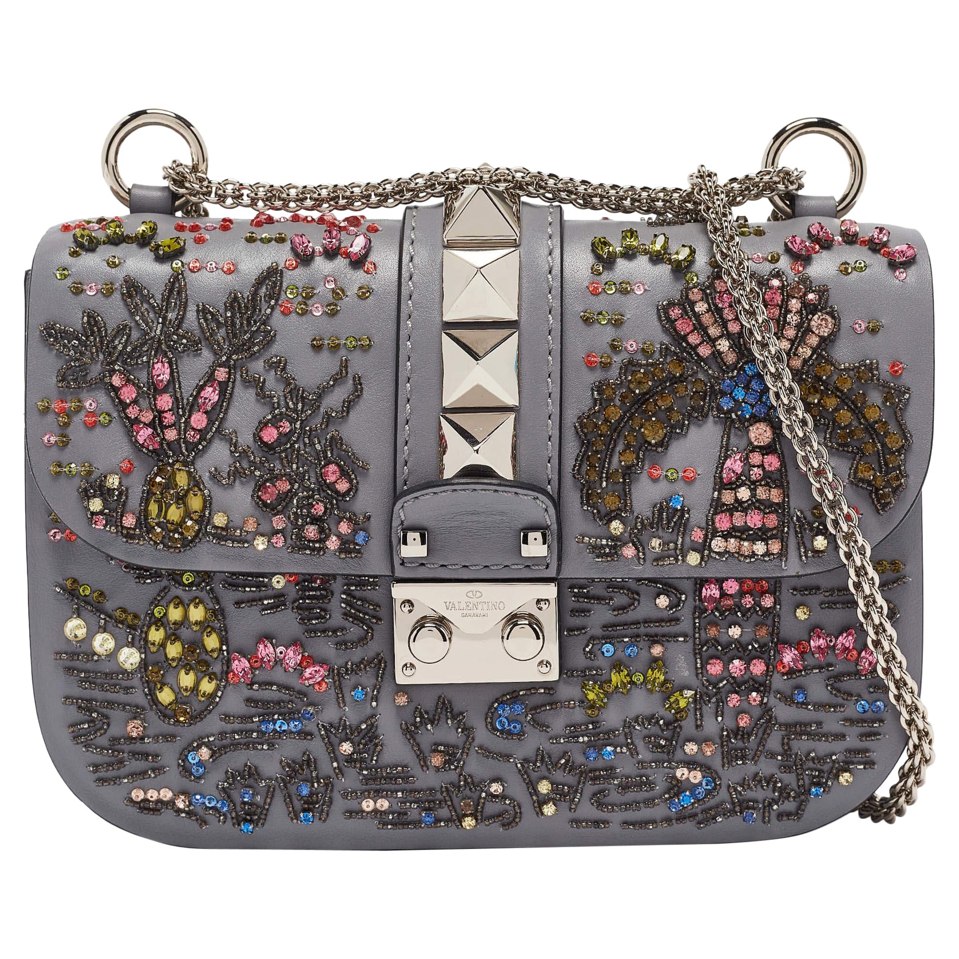 Valentino Grey Leather Small Crystal Embellished Rockstud Glam Lock Flap Bag For Sale