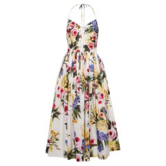 Dolce & Gabbana Floral Print Cotton Pleated Poplin Halter Tie-Up Neck Dress M
