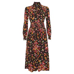 Prada Black Floral Print Silk Detachable Neck Tie-Up Midi Dress S