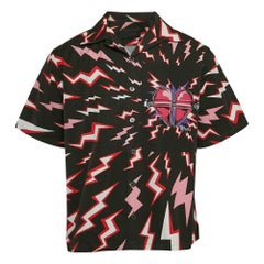 Prada Black Lightning Bolt Print Cotton Bowling Shirt M