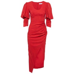 Self-Portrait Red Stretch Crepe Ruched Midi Dress S